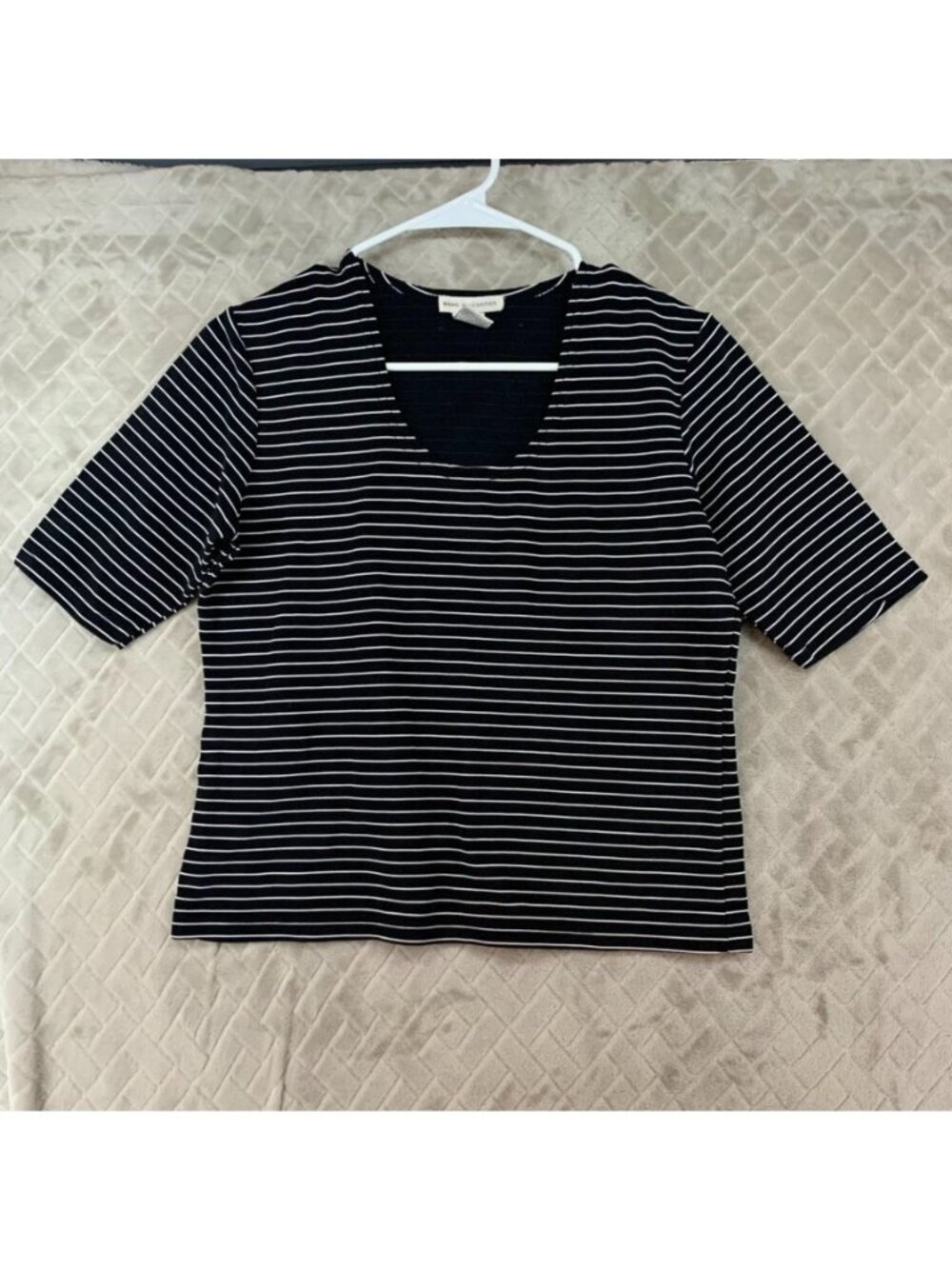 Basic Necessities Shirt Womens M Black Striped Short Sleeve Nylon Blend